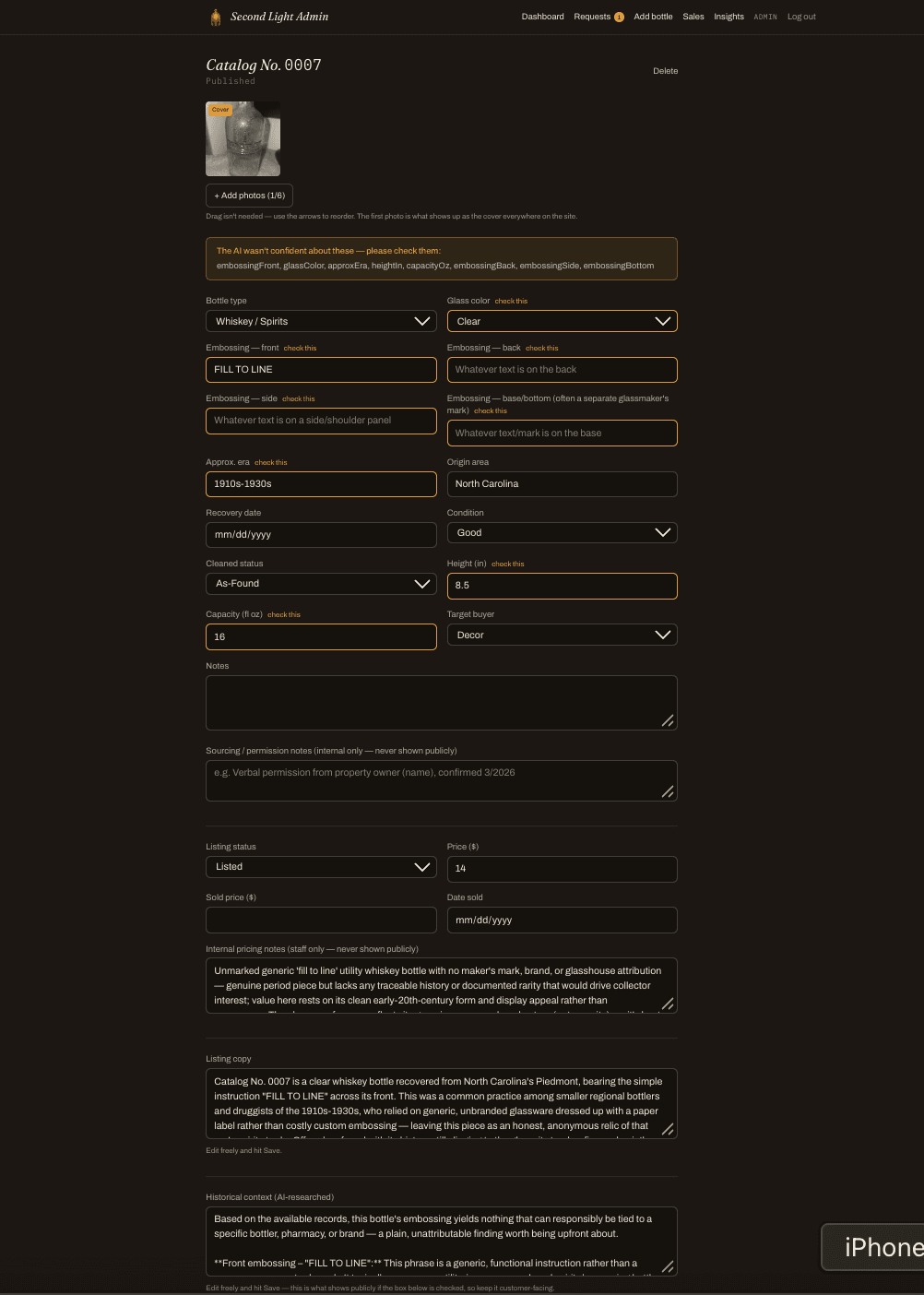 Bottle edit page showing AI confidence flags, editable catalog fields, and AI-drafted listing copy