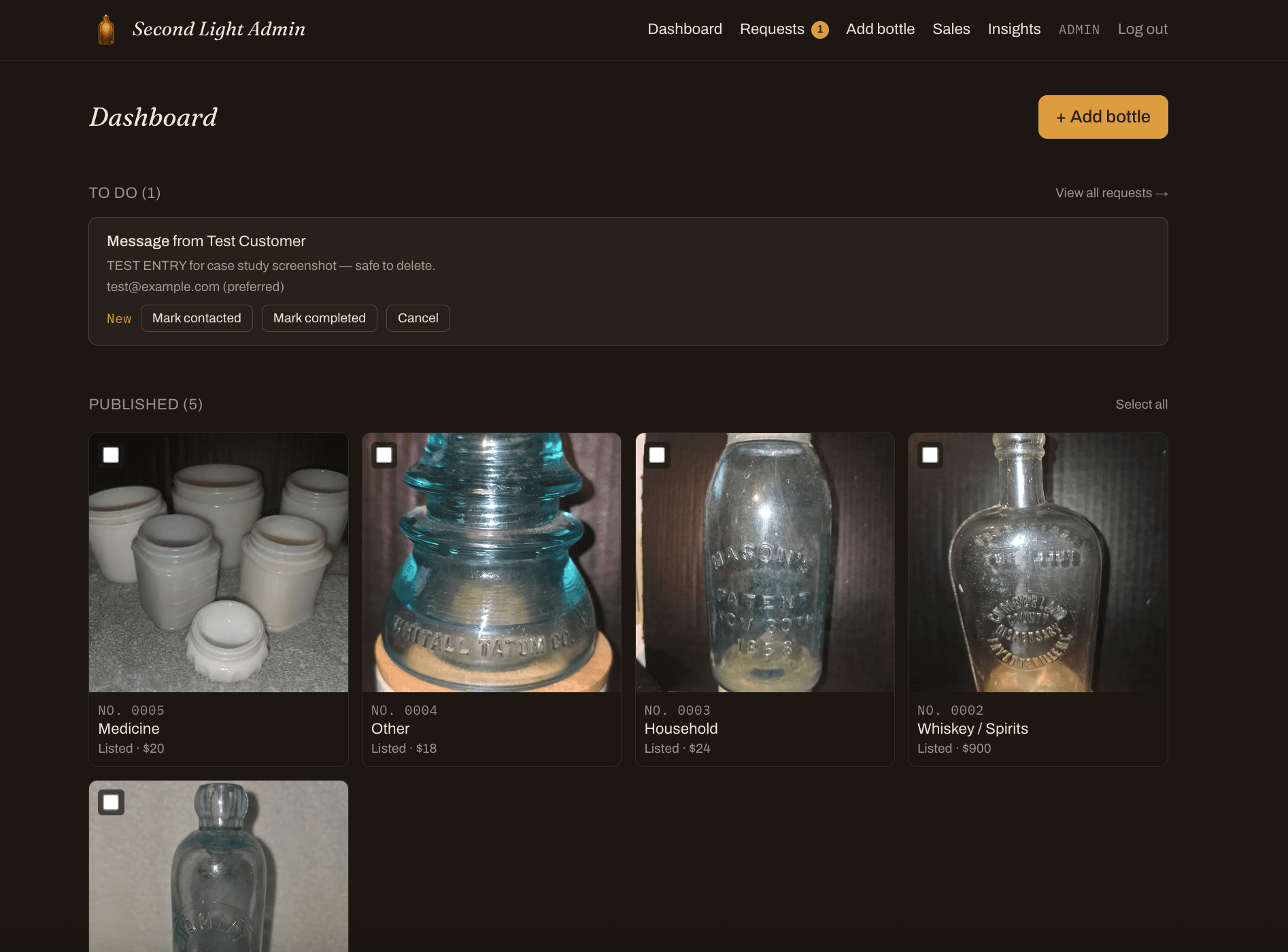Admin dashboard showing a to-do item, bottles needing attention, and published listings