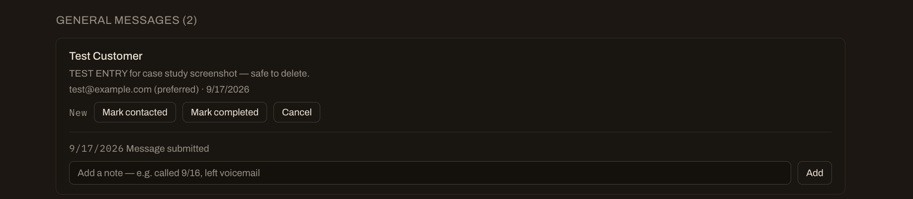 Requests and messages page showing an incoming message with status actions and a note field
