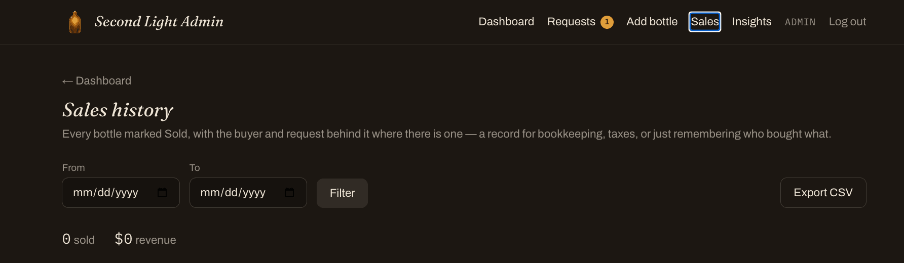 Sales history page with date filtering and CSV export