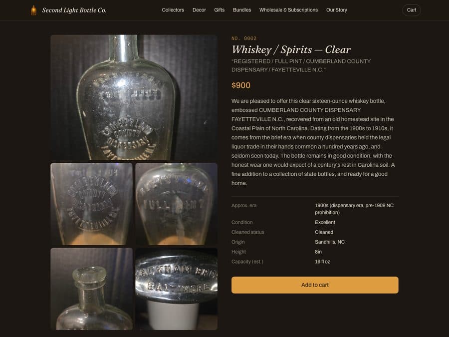 Live product listing for Catalog No. 0002, priced at $900