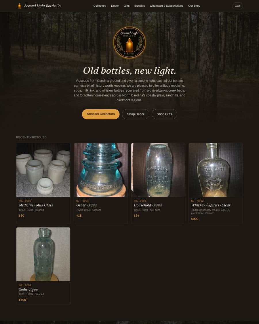 Second Light Bottle Co. storefront homepage